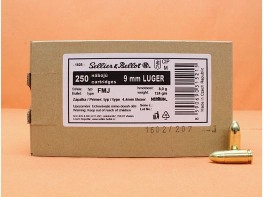 Patrone 9mmLuger S&B/ Sellier&Bellot 124grs FMJ VE 250 Patronen/ 8,0g Vollmantel (9mmPara/ 9x19)