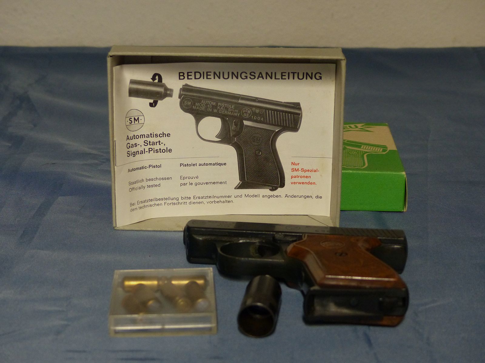 Schreckschuss Gas Pistole Rhöner SM Mod. 15 Cal. 8 mm Knall PTB 83 aus 1975 OVP vintage