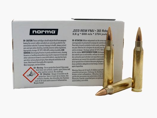 .223 Rem. Norma Tactical 3,6 gr / 55 gr en caja blanca, 30 unidades.