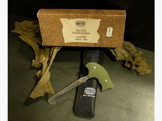 Mauser sega rompighiaccio sega ossea sega da macellaio manico MICARTA verde oliva + fodero Codura + scatola regalo