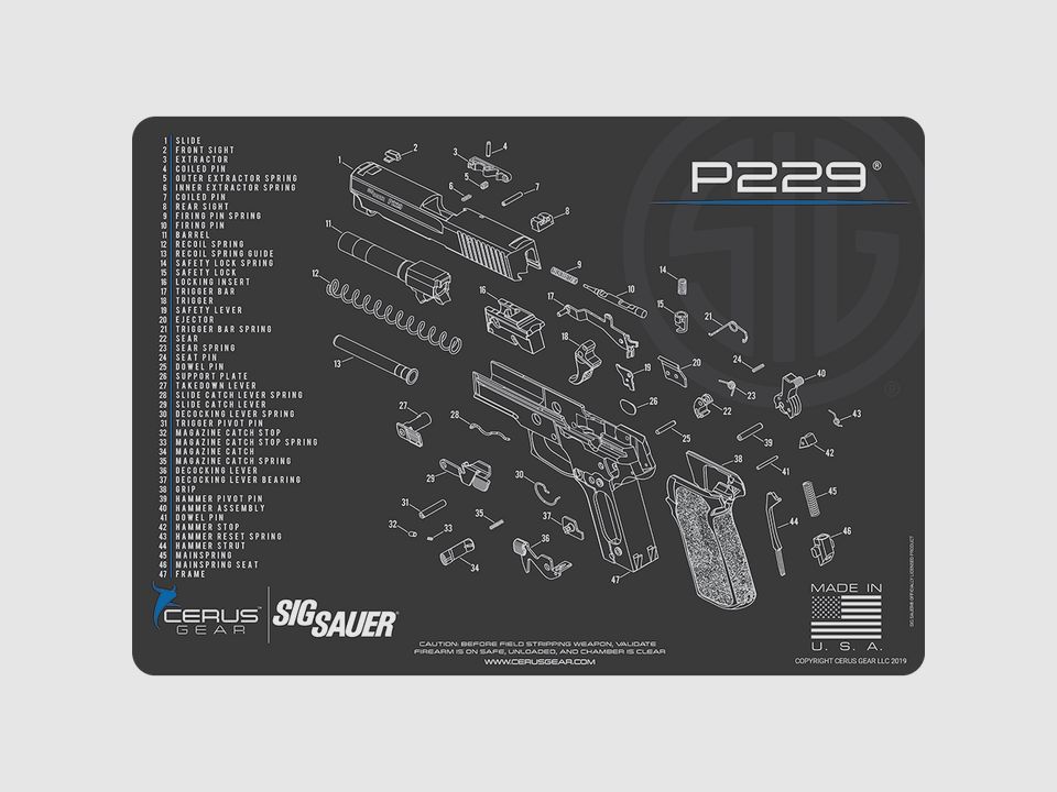 SCHEMATIC PROMAT SIG P229 tappetino per la manutenzione e la cura delle armi corte