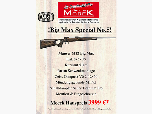 Mauser M12 Big max, mit Zeiss Conquest V6 2-12x50 M, mit Schiene