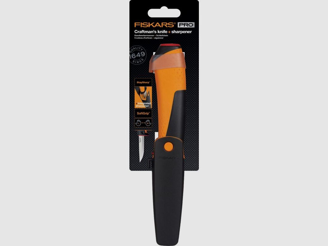 Fiskars Handwerkermesser mit Schleifstein rot