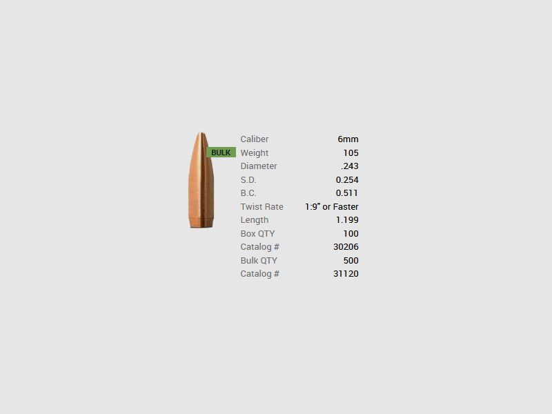 Barnes Geschoss 6mm/.243 105GR Match Burners BT 100 Stück