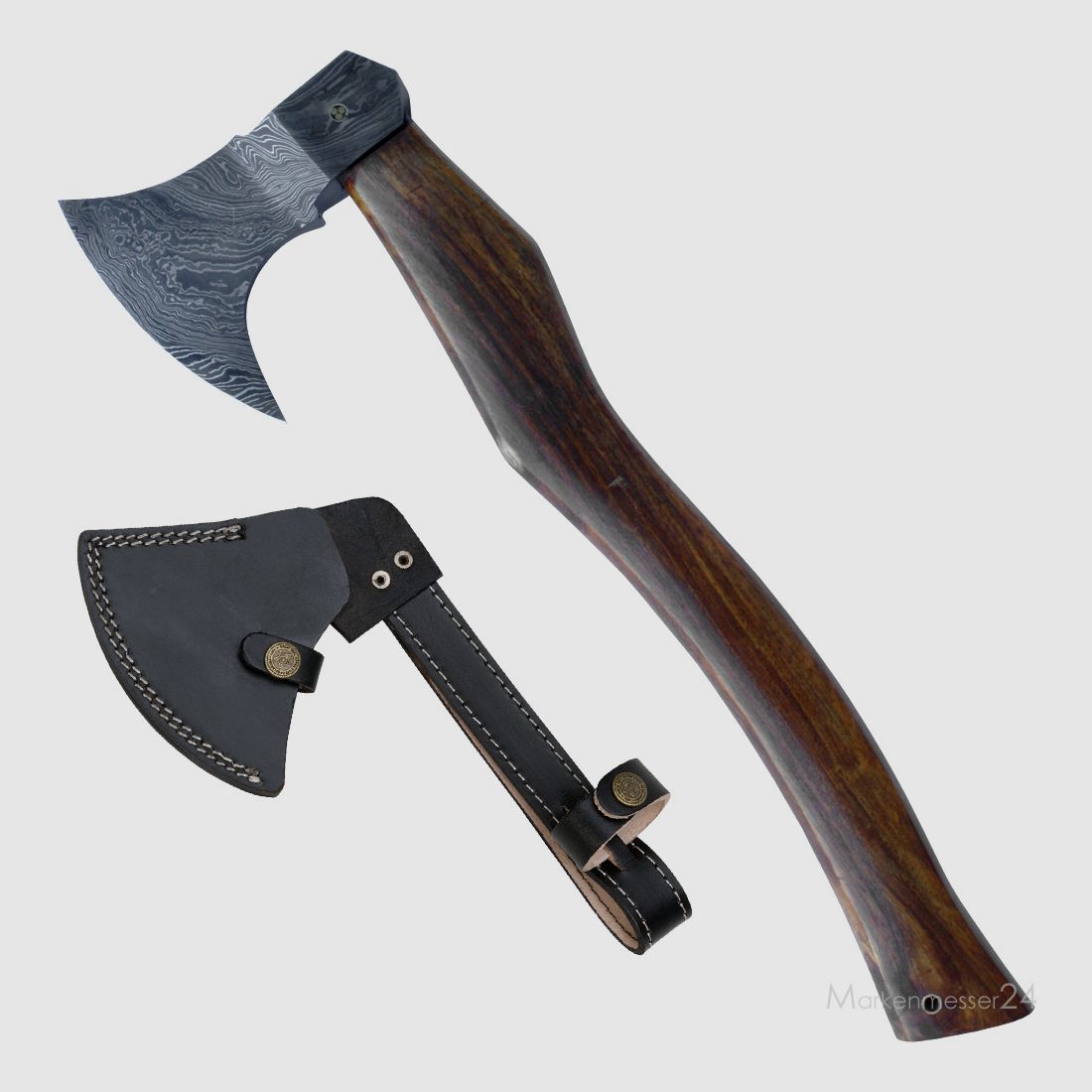 Damast Axt mit geschwungenem Holzgriff, Axtblatt mit Lederscheide
