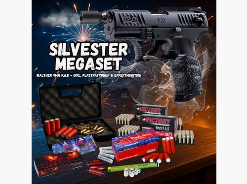 SILVESTER MEGASET !!! Pistola a salve - Walther P22Q - 9 mm P.A.K. incluso valigetta, 100 cartucce a salve e 100 colpi di munizioni a effetto