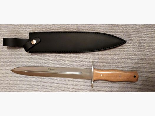 Saufänger – Grand couteau de chasse, affûté des deux côtés, poignée en bois de teck, avec étui en cuir NEUF