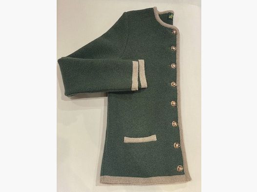 Damen klassische Strickjacke aus Merinowolle in Lodengrün/Beige