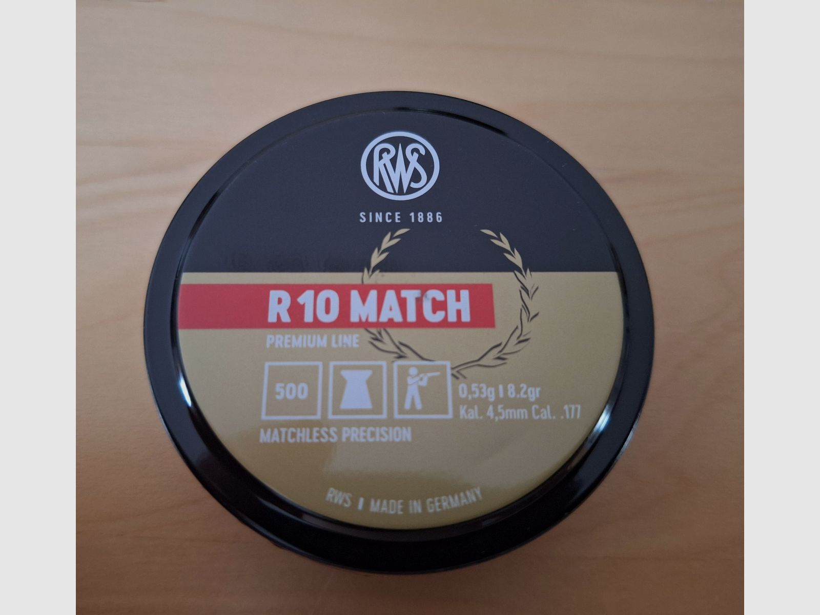 6 Stück Versiegelte Dosen a. 500 Stück RWS R 10 MATCH Premium Line 0,53 g 8,2gr        Ø 4,49 mm Charge Nummer: 70429.