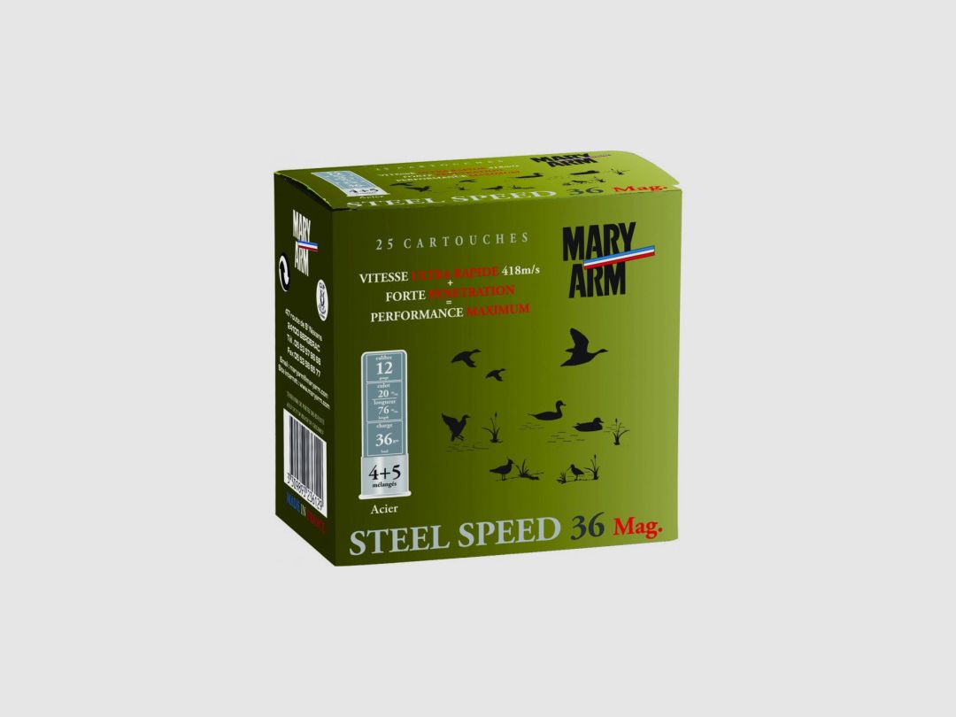 BOITE DE 25 CARTOUCHES MARY ARM STEEL SPEED 36G BOURRE JUPE CAL.12/76 PLOMB 4+5 ACIER