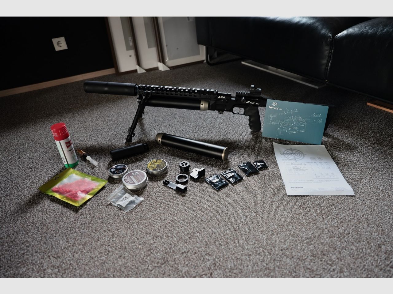 Compleet pakket: AEA HP MAX MK2 + Tanks, Bipod, Geluidsdemper & Munitie (alles ongebruikt)