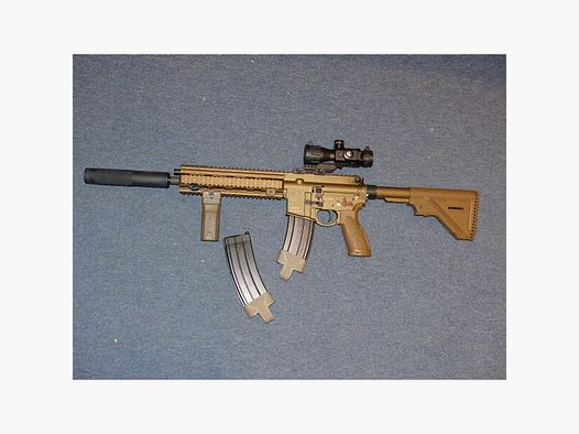Heckler und Koch HK416 A5 Gen. 3 GBB, cal. 6mm RAL8000 mit Zubehör