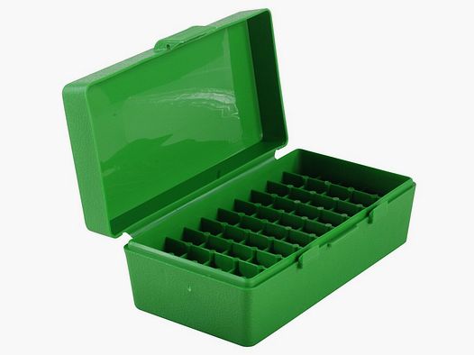 Boîte de cartouches MTM P50-44-10 verte avec couvercle rabattable pour 50 cartouches .44 Mag./.357 et autres.