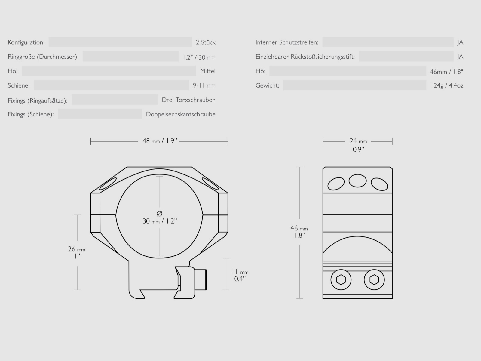 Hawke 24106 Taktische Ringmontagen 30mm 2 Stück 9-11mm Mittel