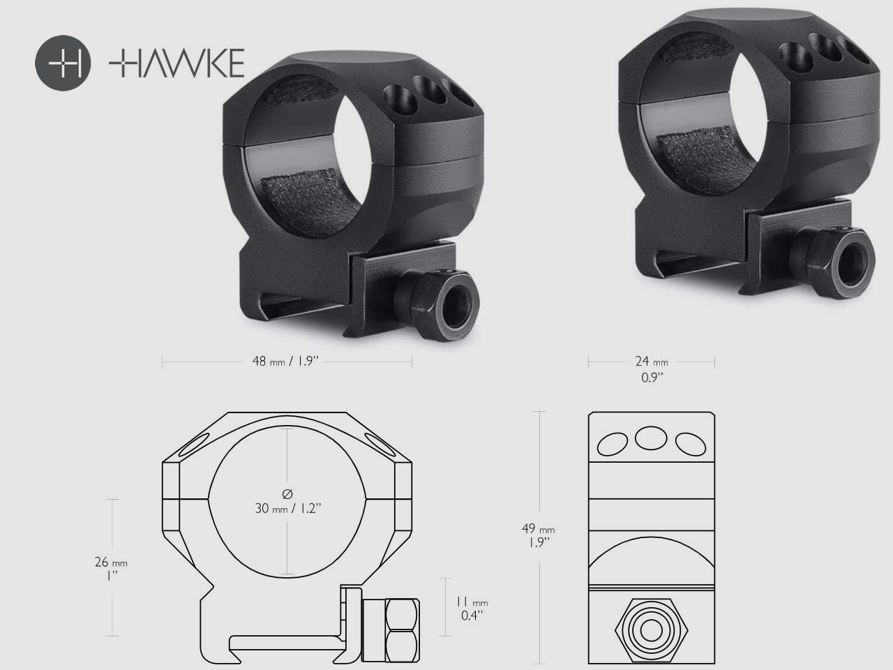 HAWKE Zielfernrohrmontage, Ringmontage (Paar), Weaverschiene, 30 mm Durchmesser, Alu, mittel