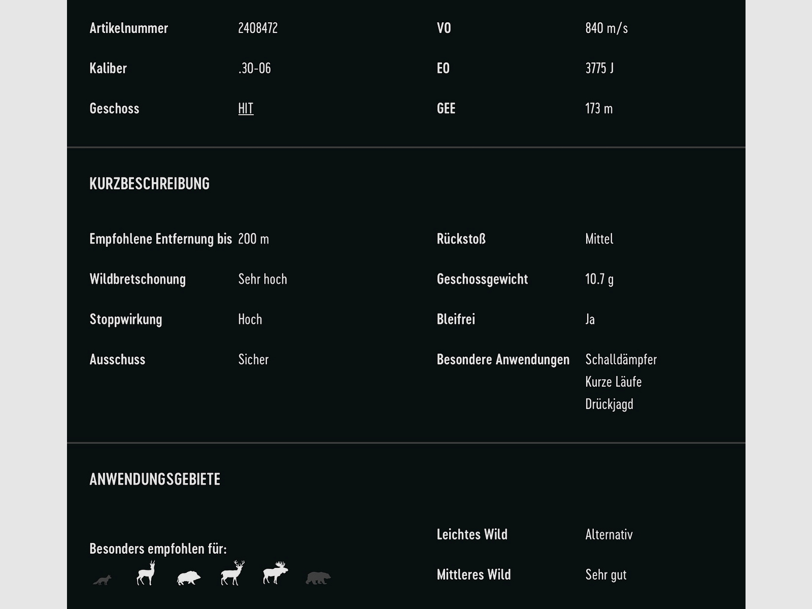 RWS 2408472 Büchsenpatronen .30-06 HIT Short Rifle 10,7g 165grs. Bleifrei