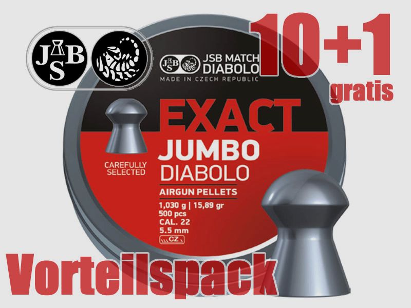 10+1 GRATIS x 500 St. JSB Rundkopf Diabolo EXACT JUMBO, FT, Kal 5,52 mm, 1,030 g