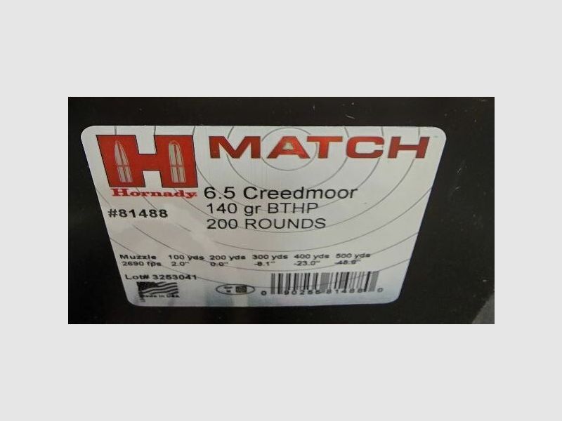 Hornady Match 6,5 Creedmoor BTHP 9,1g/140grs. 200 Stück MTM-BOX (ehemals American Gunner) UVP: 429