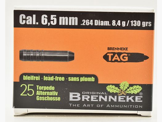 25 Brenneke Geschosse 6,5mm/.264 - 130gr. TAG - bleifrei -