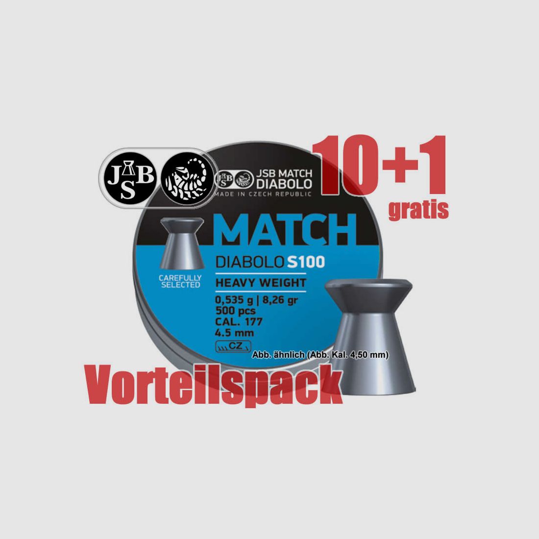 10+1 GRATIS x 500 St. Match-Diabolo JSB MATCH S100 HEAVY, Kal. 4,50 mm, 0,535 g