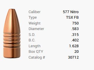 Bala Barnes .577 Nitro/.583 750GR TSX HP FB 20 piezas