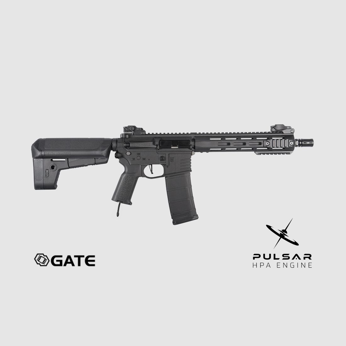 Delta Armory M4 AR15 M-LOK 10 Zoll CHARLIE GATE PULSAR HPA Airsoft Gewehr in Schwarz