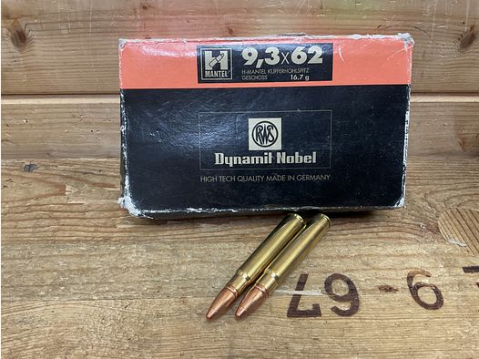 Munition 20 Patronen von RWS H-Mantel Kupferholspitz 16,7g, Kal.9,3x62