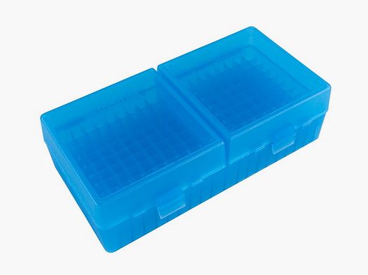 MTM scatola per cartucce RS-200-24 blu trasparente con coperchio a ribalta per 200 cartucce .223 e altre.