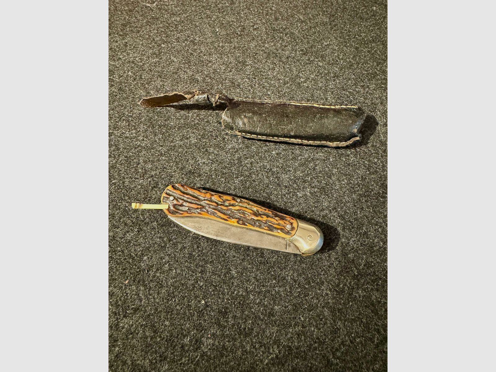 Federmesser, Hirschhorn mit Ledertasche, Taschenmesser, Jagdmesser (65)