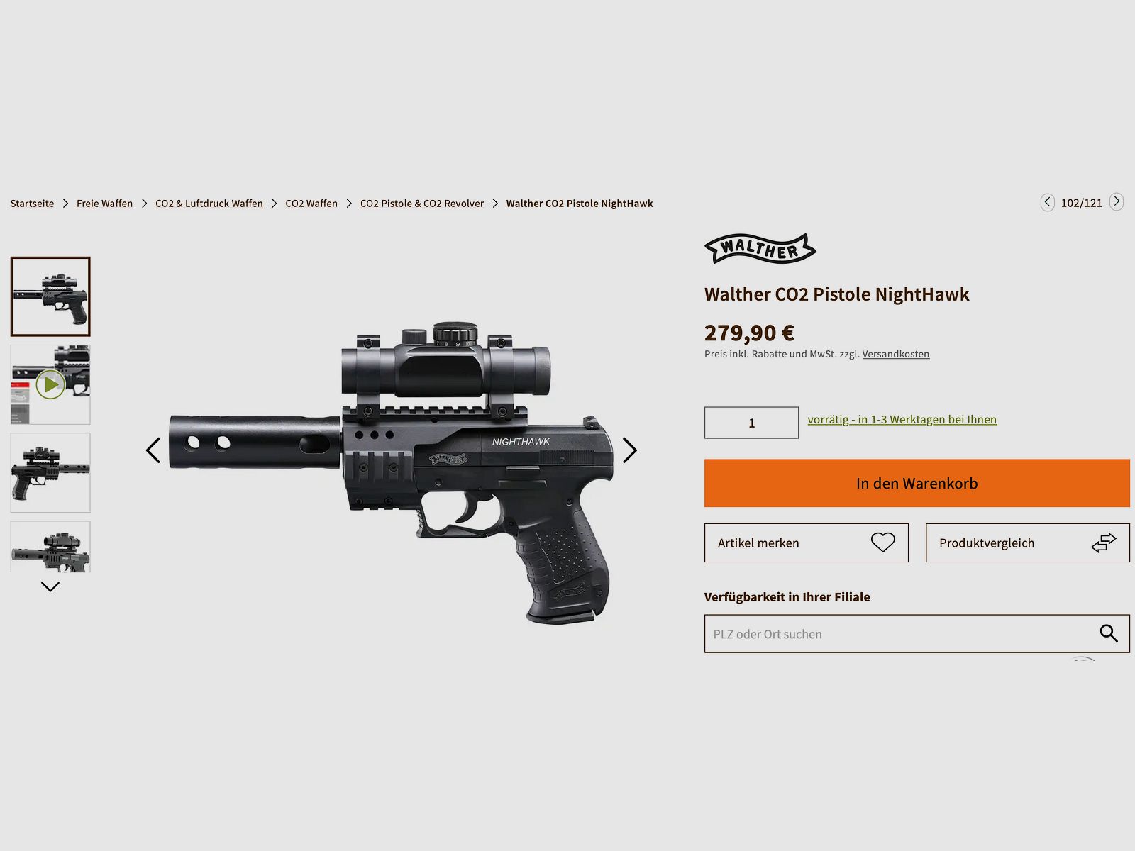 Walther Nighthawk Set, CO2, pistola ad aria, incl. ottica (reddot), compensatore & valigetta,