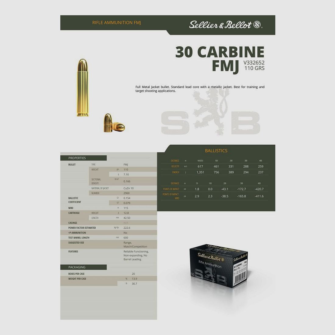 PATRONEN S&B 30 CARBINE FMJ 7,1g/110 GRS doos van 50, afbeelding 3 van 3