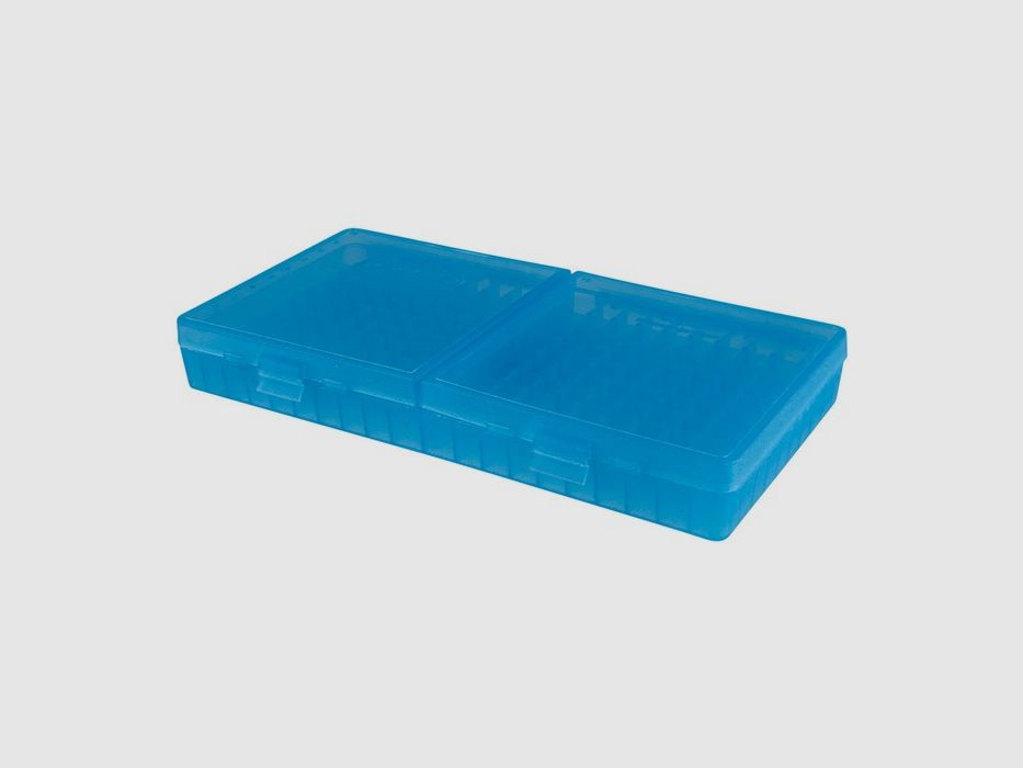 MTM scatola per cartucce P-200-9-24 blu trasparente con coperchio a ribalta per 200 cartucce 9mm e inferiori.