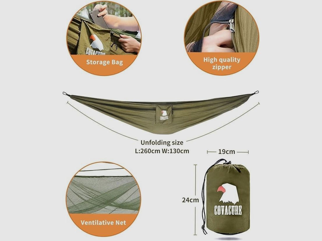 COVACURE Hängematte Outdoor Hängematte mit Moskitonetz - 260 x 130 cm Ultraleicht Hammock Reise Gadgets für Camping Garten Survival Wander