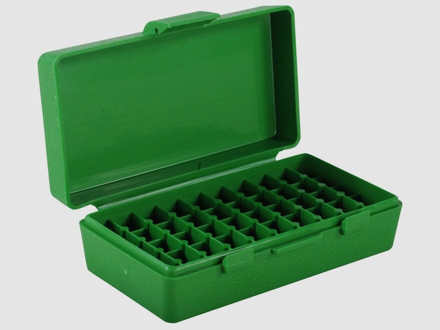 MTM scatola per cartucce P50-9M-10 verde con coperchio a ribalta per 50 cartucce 9mm e altre.