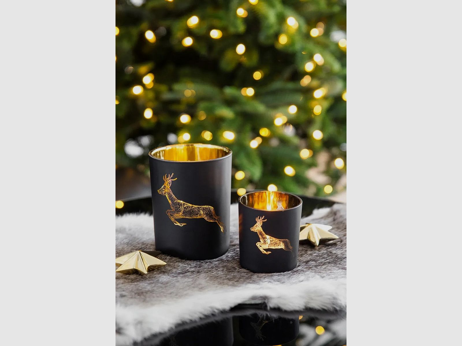 Teelichtglas Rehbock grün/gold