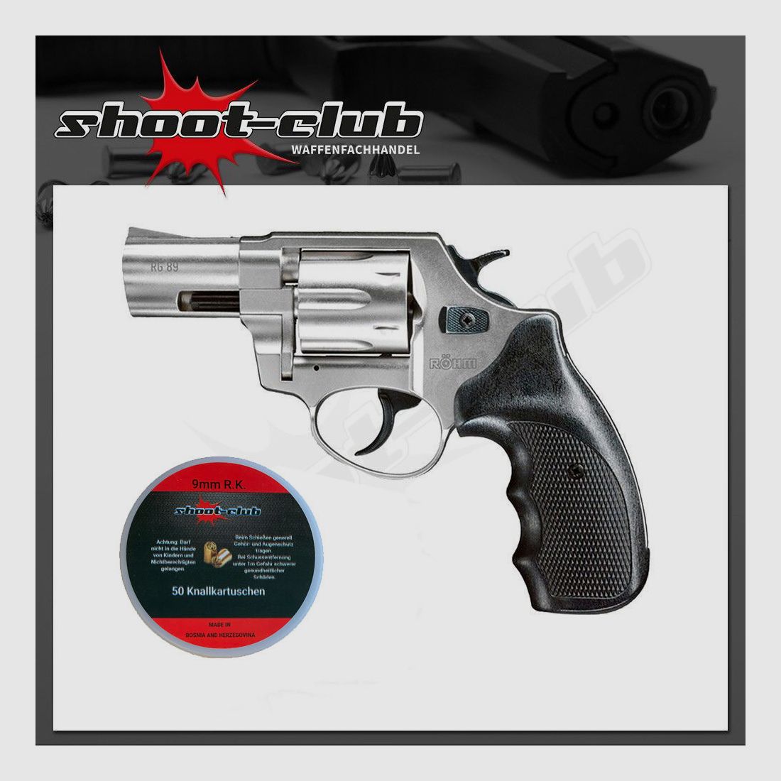 Röhm RG 89 alu cromo pistola a salve 9 mm R.K. + cartucce a salve