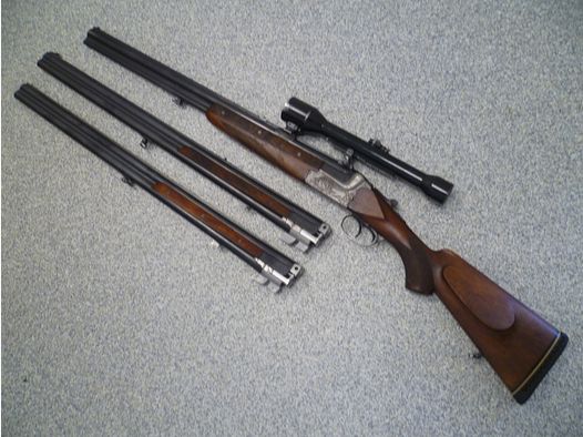 Escopeta de doble cañón con 2 cañones intercambiables BDF Merkel/Bühag/Adamy 8x57IRS y 12/70 así como 12/70