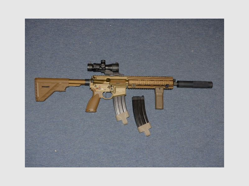 Heckler & Koch HK416 A5 Gen. 3 GBB, kal. 6mm RAL8000 met accessoires