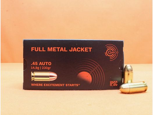 Cartucho GECO .45Auto GECO 230grs FMJ (2317714) VE 50 cartuchos/ 14,9g Full Metal Jacket