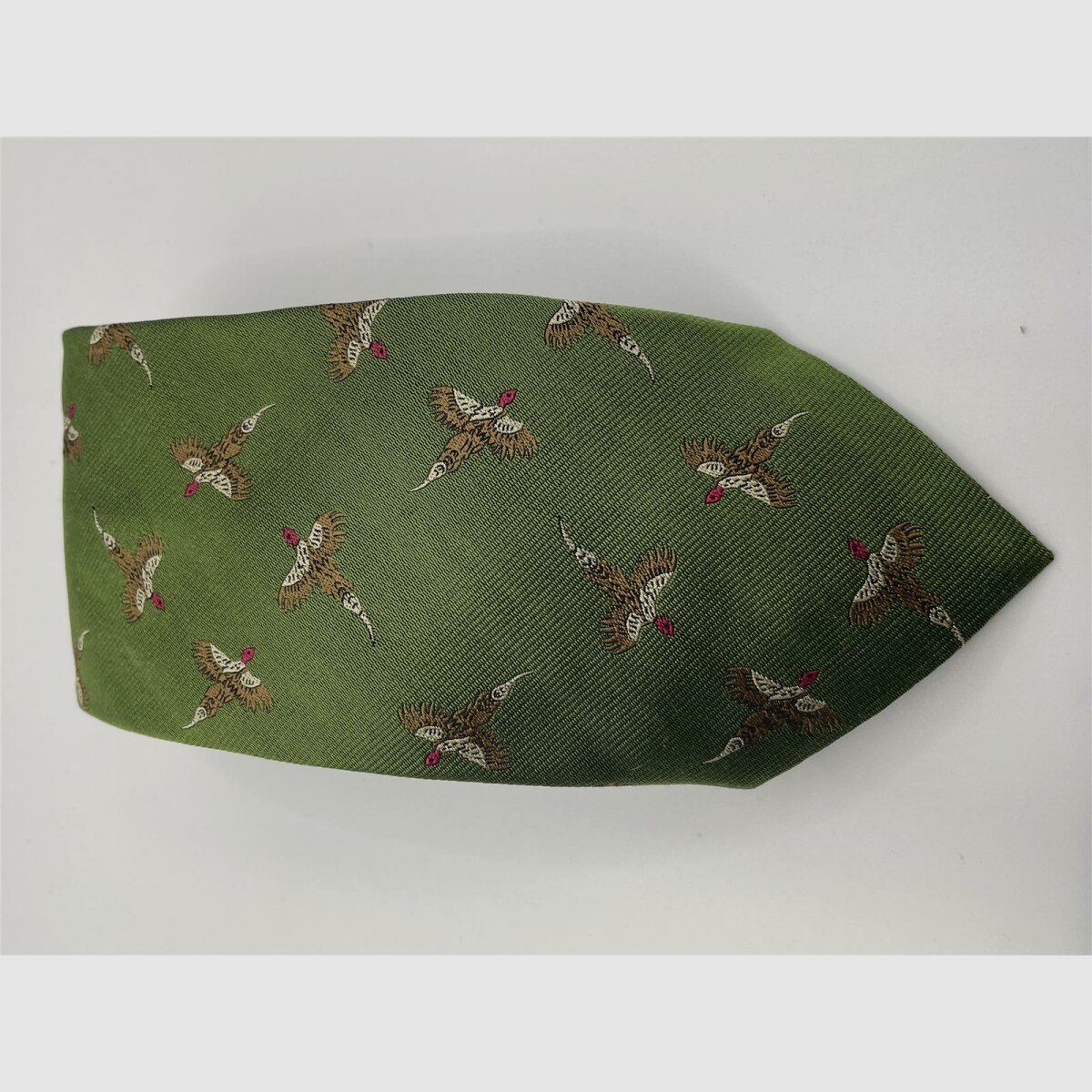 Robert Keyte tie 100% silk green design of ascending pheasant
