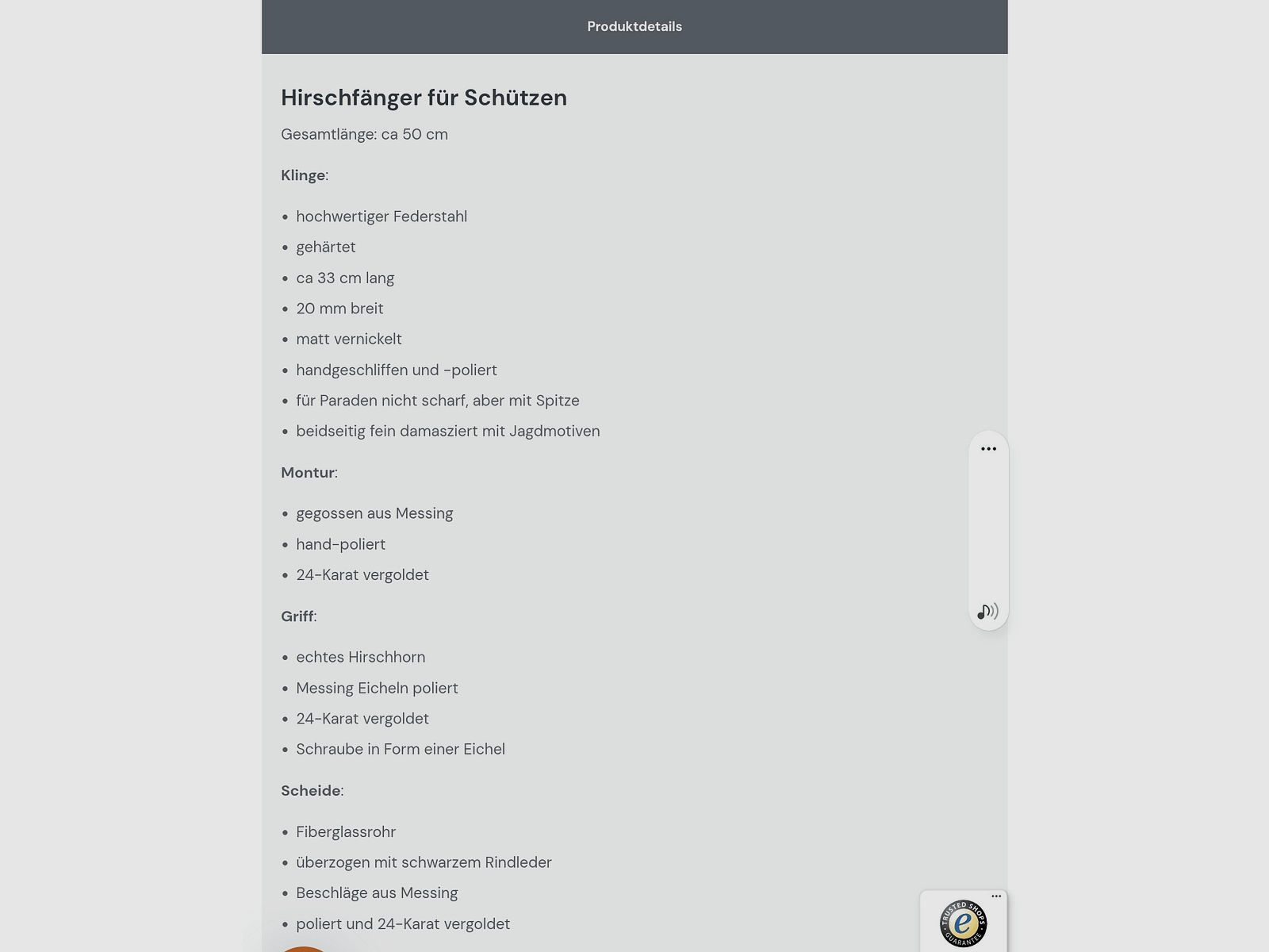 NEU -  1 Hirschfänger  -  50 cm -  24 k - Hirschhorn