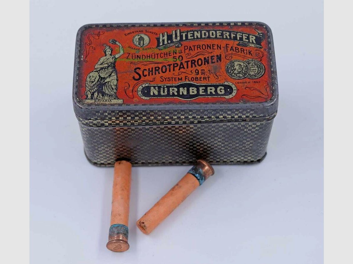 H. Utendoerffer, Neurenberg Flobert in originele blikken doos 9mm Flobert dubbel schot
