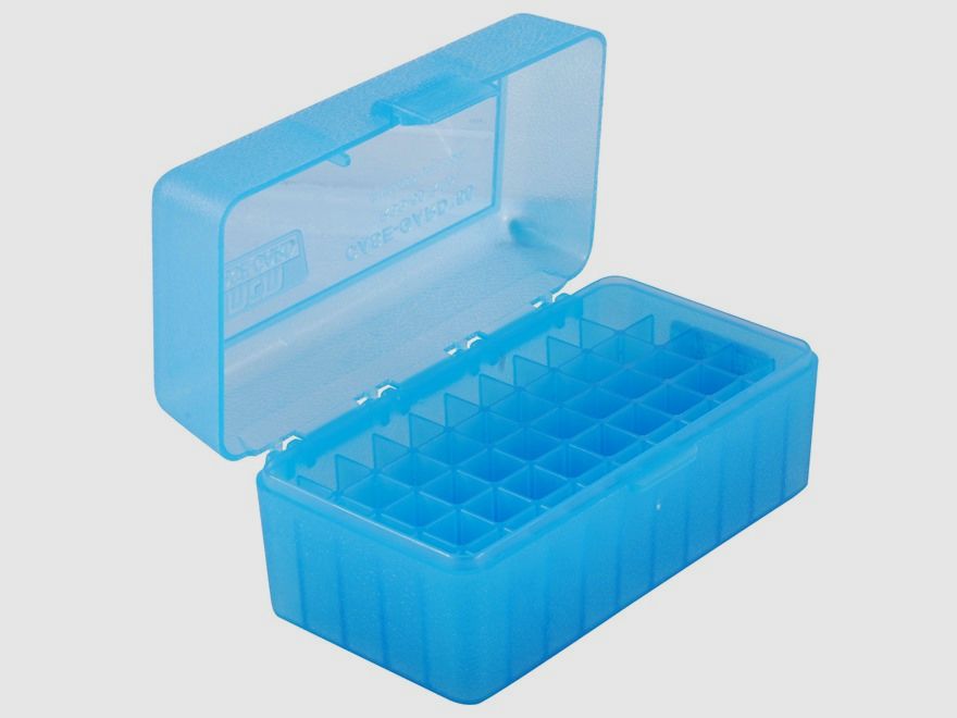 MTM scatola per cartucce RS-S-50-24 blu trasparente con coperchio a ribalta per 50 cartucce .22 PPC e altre.