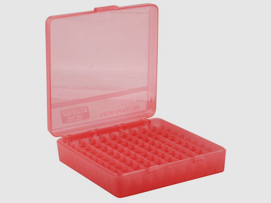 MTM scatola per cartucce P-100-45-29 rossa trasparente con coperchio a ribalta per 100 cartucce .45 ACP e altre.