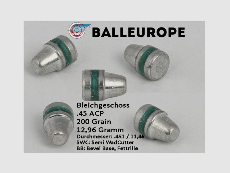 Balleurope .45 ACP 100 Stück .451 11,46mm 200 Grain SWC Bleigeschosse