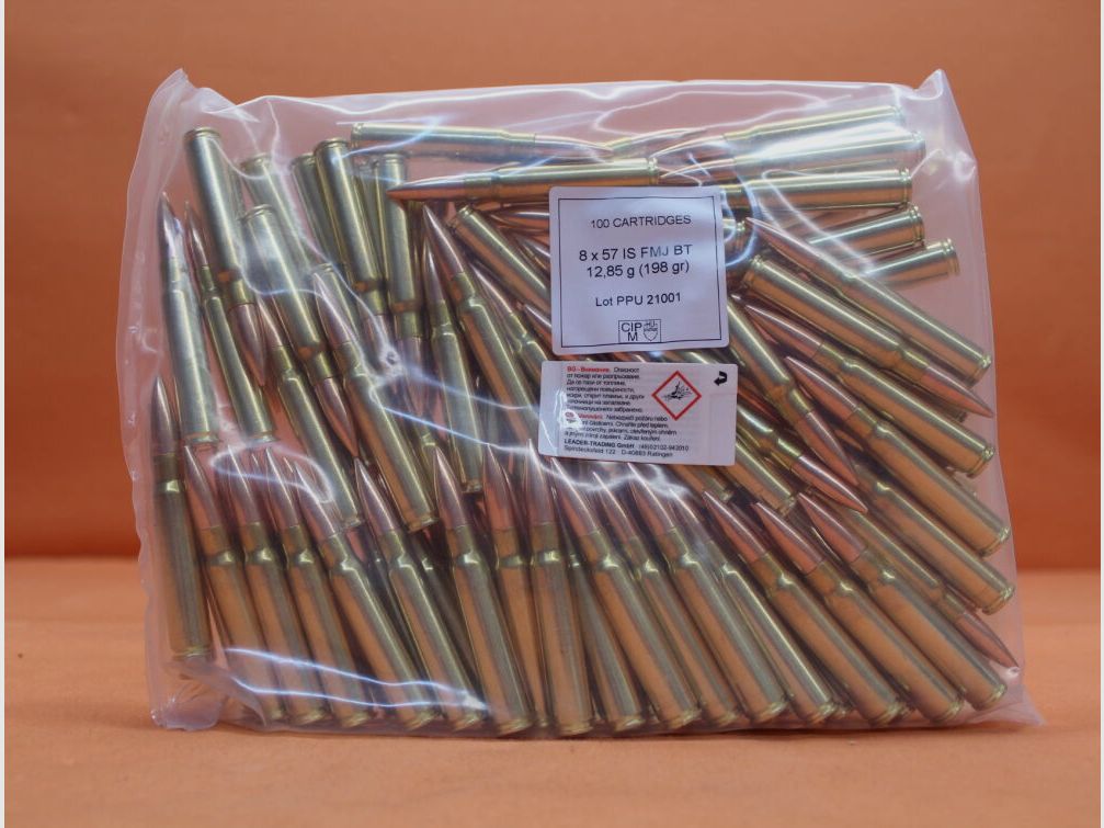 PPU Prvi Partizan Patronen 8x57JS Prvi Partizan 198grs FMJ-BT (A-213B) VE 100 Patronen (Bulk-Pack)/ 12,85g Volle Mantel-Torpedoachterkant