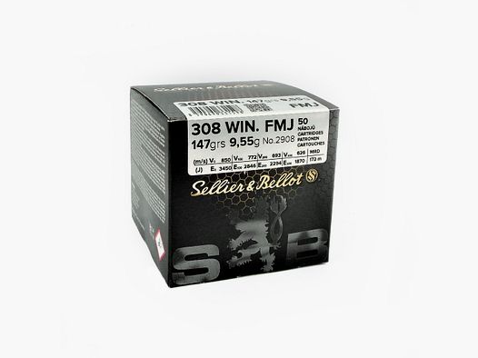 S&B Geweerpatroon .308Win. VM /FMJ 9,55g/147grs