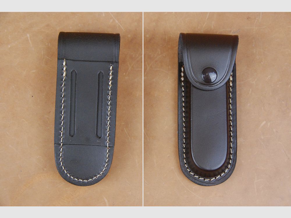 Custodia in pelle marrone, portatile in verticale e orizzontale per coltelli fino a max 13 cm di lunghezza della lama.