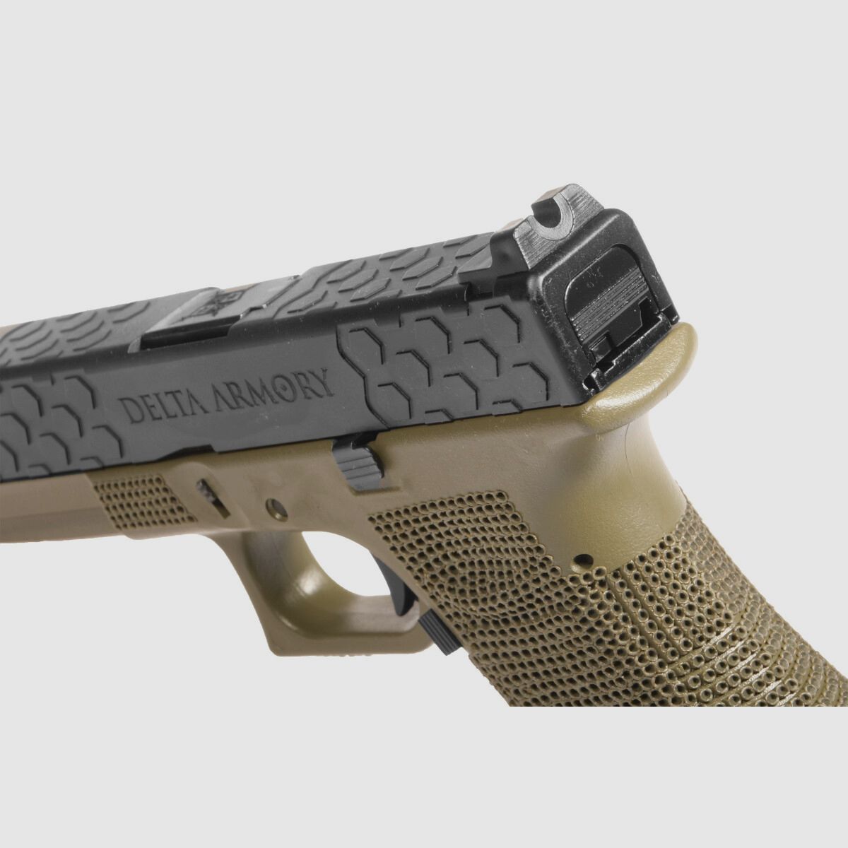 P03 GBB Airsoft Pistol with Grip Stippling in Olive | Delta Armory