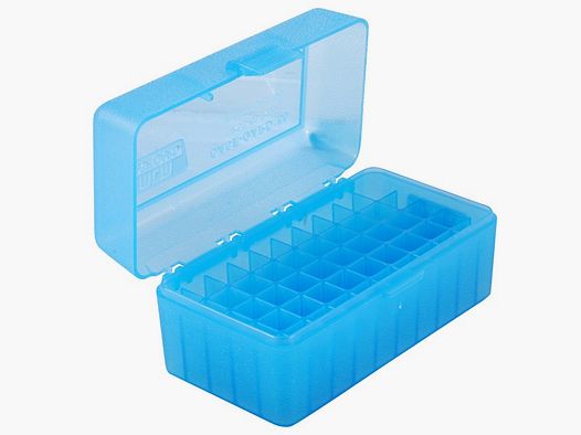 MTM cartridge box RS-S-50-24 blue clear with flip lid for 50 cartridges .22 PPC and others.